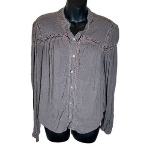 Free people dusty purple button front Swiss dot lace peasant prairiecore western
